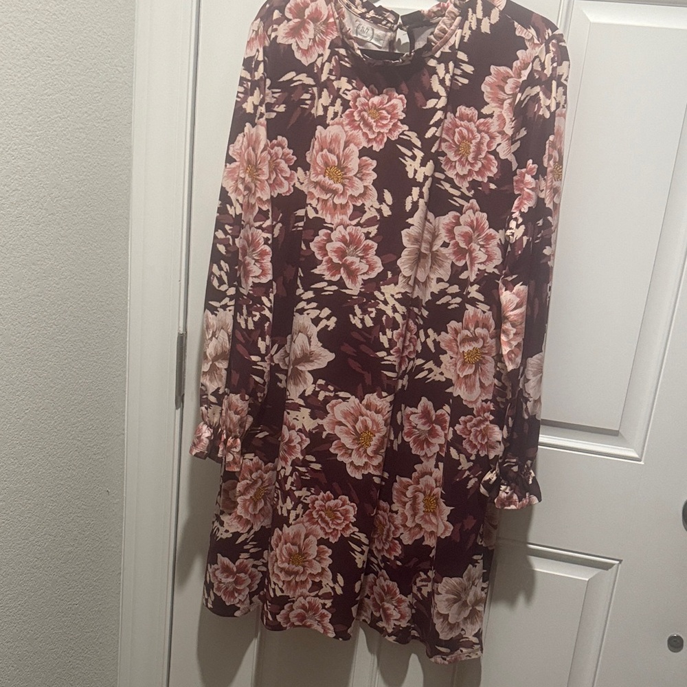 24/7 by Maurice’s Floral Long Sleeve Swing Dress in Burgundy and Pink